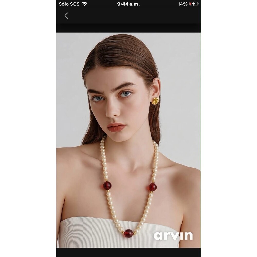 Vintage Faux Pearl Necklace with Large Red Lucite Glass Beads & Gold Accents - Picture 2 of 11